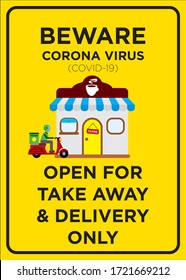 Vector Poster: Corona Virus (COVID-19), Open for Take Away and Delivery Only