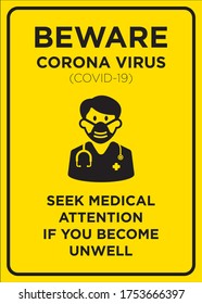 Vector Poster: Corona Virus, Seek Medical Attention if You Become Unwell