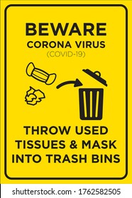 Vektor-Poster: Corona-Virus, wirbellose Gewebe und Masken in Mülltonnen
