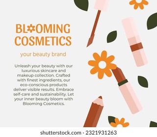 Vector poster for a cosmetics brand. Illustration of makeup products and flowers. An image with text on a light background for selling cosmetics.