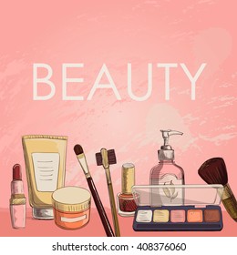 Vector poster cosmetics, make-up . On a pink background  a set of decorative cosmetics . 