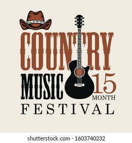 Vector poster for country music festival with brown cowboy hat and electric guitar, on a light background in retro style. Suitable for for emblem, t-shirt design, flyer, invitation, cover