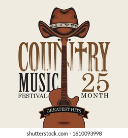 Vector poster for country music festival with brown cowboy hat and electric guitar, on a light background in retro style