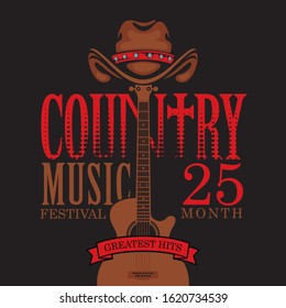 Vector poster for country music festival with brown cowboy hat and guitar, on a black background with red inscriptions in retro style