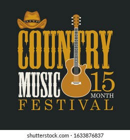 Vector poster for country music festival with brown cowboy hat, electric guitar and inscription in retro style on black background. Suitable for for emblem, t-shirt design, flyer, invitation, cover