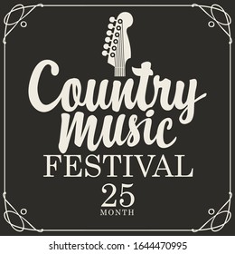 Vector poster for country music festival with guitar and inscription in retro style on black background in frame with curlicues. Suitable for for banner, playbill, flyer, invitation, cover