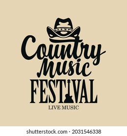 Vector poster for country music festival with cowboy hat and guitar, on a light background in retro style. Suitable for for emblem, t-shirt design, flyer, invitation, cover