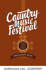 Vector poster for a country music festival with a calligraphic inscription on the background of brown guitar. Suitable for flyer, banner, invitation, playbill, cover, ticket