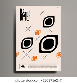 Vector poster cover with bight orange geometric elements. Retro futuristic illustration.