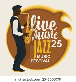 cartaz vetorial ou CD de capa ou disco de vinil para jazz festival de música ao vivo com desenho de saxofonista com saxofone em estilo retro. Banner de música, folheto, convite e bilhete