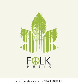 Vector poster or cover on the theme of a folk music decorated with green leaf and silhouettes of young trees on a light background. Music collection