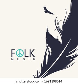 Vector poster or cover on the theme of a folk music with a black feather and a flying bird on a light background.