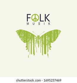 Vector poster or cover on the theme of folk music decorated with a green butterfly and silhouettes of slender trees on a light background. Music collection