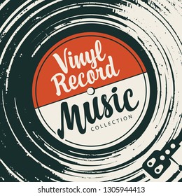 Afiche o cubierta vectorial con registro de vinilo, reproductor de discos y letras caligráficas en estilo retro