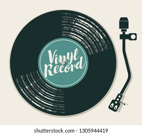 Vector poster or cover with vinyl record, record player and calligraphic lettering in retro style