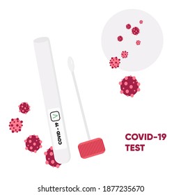Vector poster with Covid-19 test saliva tube to check for Coronavirus and virus cells on background and inscription COVID-19 TEST. Website, landing page template. Medicine and health concept.