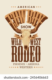 Vector poster for a Cowboy Rodeo show. Decorative illustration with skull of bull and lettering in retro style. Suitable for banner, logo, icon, invitation, flyer, label, t-shirt design