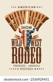 Vector poster for a Cowboy Rodeo show. Decorative illustration with skull of bull with flag USA and lettering in retro style. Suitable for banner, logo, icon, invitation, flyer, label, t-shirt design