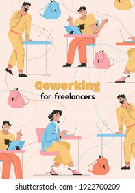 Vector poster of Coworking for Freelancers concept. Men and women working on laptop in office, making business call, do work tasks. Colleagues collaborate. Character illustration of advertising banner