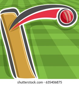 Vector Poster For Cricket Sport: Bat Hitting Red Ball On Green Checkered Grass Pattern, Ball Flying On Curve Trajectory Above Playing Pitch Field, Graphic Background For Title Text On Cricket Theme.