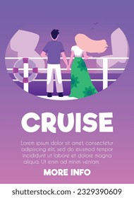 Vector poster Cruise vacation, tourist concept, sea season travel. Nice couple resting, enjoy summer seaside landscape. Blue ocean scenic view background on the deck of luxury cruise liner, yacht.