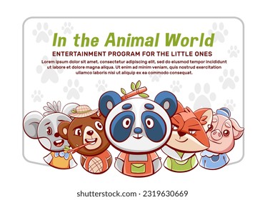 Vector poster with cute animals: pig, panda, bear, mouse, fox and ram in cartoon comic style.