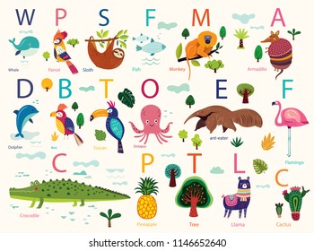 Vector poster with cute animals. Play cards for kids. Decorative funny animals in alphabet. Cartoon design for stickers, wall decals, cards and any nursery decor