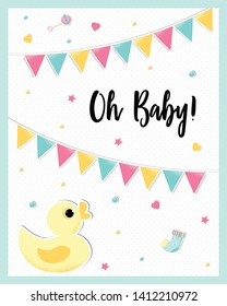 Vector poster of a cute baby duck. Little funny animal kid for baby shower card, birthday card background with words Oh Baby. Vector Illustration