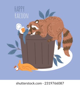 Vector poster with cute cartoon curious racoon climbs in trash can with hundreds of food, banana peel, cores, against the background of plants, leaves. Wildlife animal, Dexterous front paws