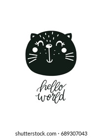 Vector poster with cute cat and hand drawn letters. Nursery print, Scandinavian style, black and white