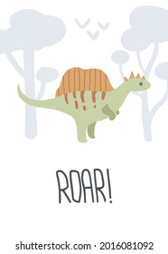 Vector poster with cute dino. Creative kids illustration for fabric, textile, apparel, nursery wall.