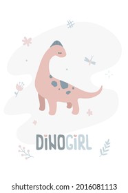 Vector poster with cute dino girl. Creative kids illustration for fabric, textile, apparel, nursery wall.