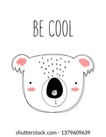Vector poster with cute doodle koala for kids. Hand drawn graphic banner. Perfect for baby shower, postcard, label, brochure, flyer, page, banner design