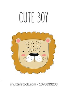 Vector poster with cute doodle lion for kids. Hand drawn graphic banner. Perfect for baby shower, postcard, label, brochure, flyer, page, banner design