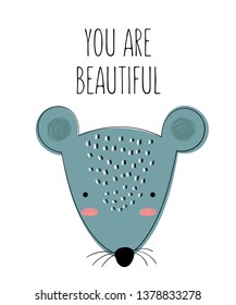 Vector poster with cute doodle mouse for kids. Hand drawn graphic banner. Perfect for baby shower, postcard, label, brochure, flyer, page, banner design
