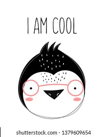 Vector poster with cute doodle penguin for kids. Hand drawn graphic banner. Perfect for baby shower, postcard, label, brochure, flyer, page, banner design