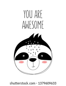 Vector poster with cute doodle sloth for kids. Hand drawn graphic banner. Perfect for baby shower, postcard, label, brochure, flyer, page, banner design