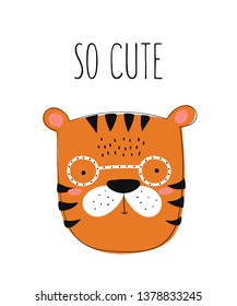 Vector poster with cute doodle tiger for kids. Hand drawn graphic banner. Perfect for baby shower, postcard, label, brochure, flyer, page, banner design