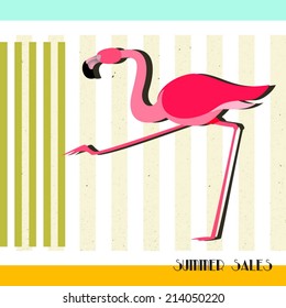 Vector poster with a cute flamingo hastening to summer sales