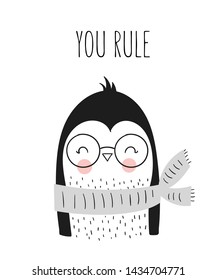 Vector poster with cute hand drawn penguin and slogan. Banner with adorable object on background. Valentine's day, anniversary, save the date, baby shower, bridal, birthday, decoration