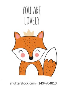 Vector poster with cute hand drawn fox and slogan. Banner with adorable object on background. Valentine's day, anniversary, save the date, baby shower, bridal, birthday, decoration