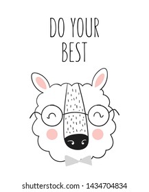 Vector poster with cute hand drawn lama and slogan. Banner with adorable object on background. Valentine's day, anniversary, save the date, baby shower, bridal, birthday, decoration