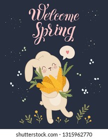 Vector poster with cute rabbit with carrot and spring slogan. Perfect for baby shower, postcard, label, brochure, flyer, page, banner design. Spring holidays, Woman’s day, Easter, Valentine’s