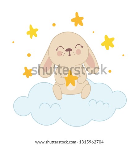 Vector poster with cute rabbit on a cloud. Perfect for baby shower, postcard, label, brochure, flyer, page, banner design. Spring holidays, Woman’s day, Easter, Valentine’s