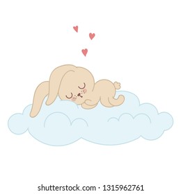 Vector poster with cute rabbit slipping on a cloud. Perfect for baby shower, postcard, label, brochure, flyer, page, banner design. Spring holidays, Woman’s day, Easter, Valentine’s
