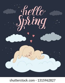 Vector poster with cute rabbit slipping on a cloud and spring slogan. Perfect for baby shower, postcard, label, brochure, flyer, page, banner design. Spring holidays, Woman’s day, Easter, Valentine’s
