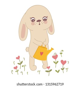 Vector poster with cute rabbit with watering can. Perfect for baby shower, postcard, label, brochure, flyer, page, banner design. Spring holidays, Woman’s day, Easter, Valentine’s
