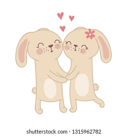 Vector poster with cute rabbits in love. Perfect for baby shower, postcard, label, brochure, flyer, page, banner design. Spring holidays, Woman’s day, Easter, Valentine’s
