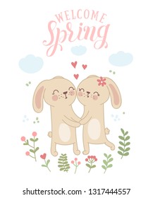 Vector poster with cute rabbits in love and spring slogan. Perfect for baby shower, postcard, label, brochure, flyer, page, banner design. Spring holidays, Woman’s day, Easter, Valentine’s