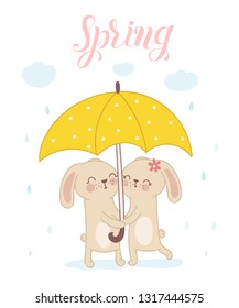 Vector poster with cute rabbits under the umbrella and spring slogan. Perfect for baby shower, postcard, label, brochure, flyer, page, banner design. Spring holidays, Woman’s day, Easter, Valentine’s
